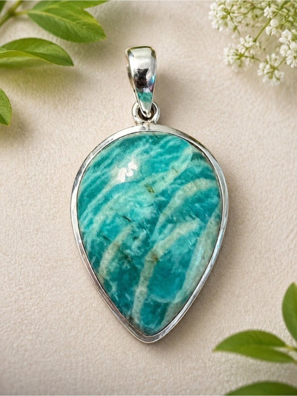 Natural Amazonite Teardrop Pendant 925 Silver Bezel Set | Boho Artisan #604